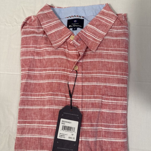 NWT Ben Sherman Button Up Shirt Linen Blend Men's Medium PINK/RED Striped - Picture 1 of 8